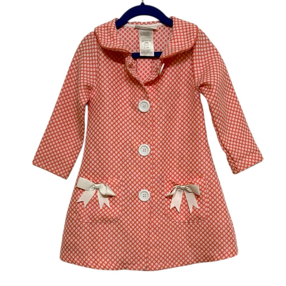 Bonnie Jean Over Coat Girl's Size 3T Pink Coral Polka Dots Buttons Bows